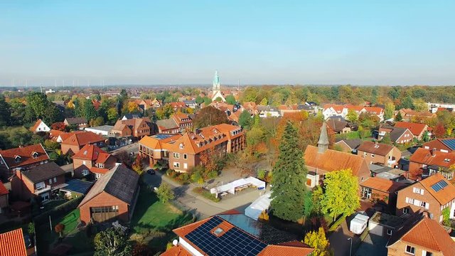 Aerial Drone View of the small city of Sassenberg in M&uuml;nster, Westfalen in Germany