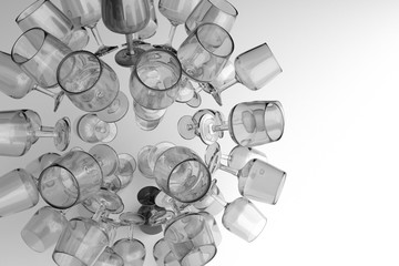 Floating transparent glasses. 3D rendering, black & white B&W.
