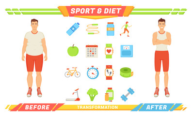 Sport and Diet Transformation Vector Illustration