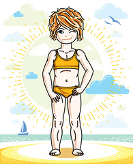Obraz na płótnie Canvas Little redhead girl cute child toddler standing on beach in colorful swimsuit. Vector pretty nice human illustration. Summertime and vacation theme.