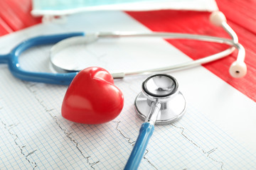 Medical stethoscope with cardiogram and red heart on color wooden table. Health concept