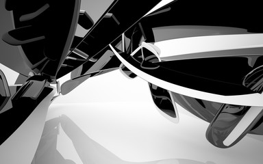 Abstract dynamic interior with black smooth objects . 3D illustration and rendering