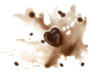Heart-shaped coffee ice piece with beans and splashes on white background