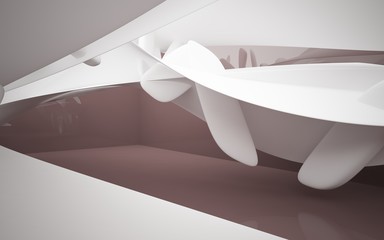 Abstract dynamic brown interior with white smoth objects . 3D illustration and rendering