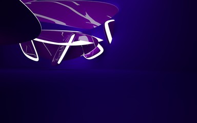 Abstract interior of the future in a minimalist style with violet violet sculpture. Night view from the backligh. Architectural background. 3D illustration and rendering