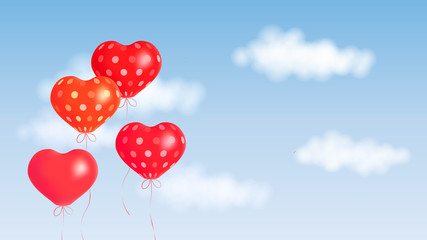 Plakat Vector illustration with blue sky, white clouds and soaring red balloons for greeting valentines cards, banner template