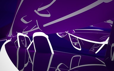 Abstract interior of the future in a minimalist style with violet violet sculpture. Night view from the backligh. Architectural background. 3D illustration and rendering