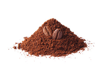 ground coffee and coffee beans isolated on white. Aromatic coffee, coffee drink