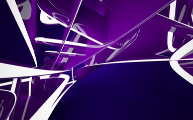 Fototapeta na wymiar Abstract interior of the future in a minimalist style with violet violet sculpture. Night view from the backligh. Architectural background. 3D illustration and rendering