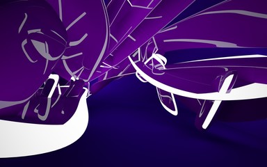 Abstract interior of the future in a minimalist style with violet violet sculpture. Night view from the backligh. Architectural background. 3D illustration and rendering