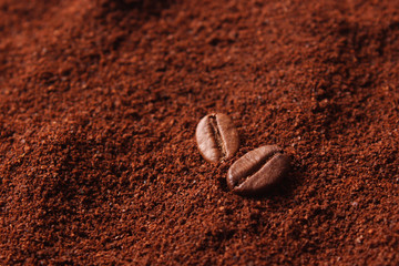 coffee beans and ground coffee closeup, aromatic coffee, coffee drinks