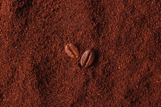 coffee beans and ground coffee closeup, aromatic coffee, coffee drinks