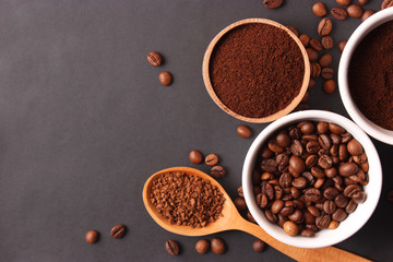 Different types of coffee top view. Coffee beans, instant and ground coffee. Fragrant coffee drinks. flat lay