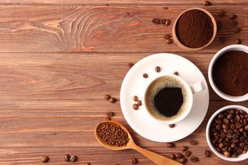  Different types of coffee top view. Coffee beans, instant and ground coffee. Fragrant coffee drinks. flat lay