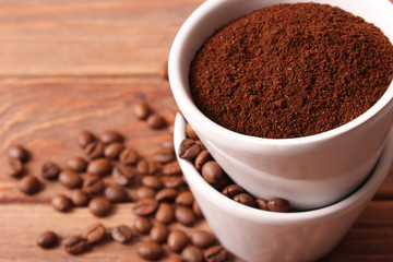 coffee beans and ground coffee closeup, aromatic coffee, coffee drinks