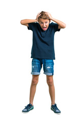 Full body of Little boy unhappy and frustrated with something. Negative facial expression on white background