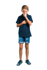Full body of Little boy is suffering with cough and feeling bad on white background