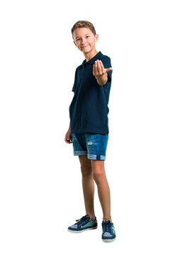 Full body of Little boy presenting and inviting to come on white background