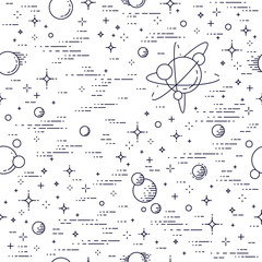 Seamless space background with planets, stars, asteroids and meteors, undiscovered deep cosmos fantastic and breathtaking textile fabric for children, endless tiling pattern, vector illustration.