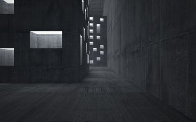 Abstract background in the form of high-rise buildings made of dark concrete.. Night view of the illuminated. 3D illustration and rendering