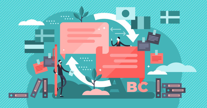 Translate vector illustration. Mini persons concept. Language knowledge.