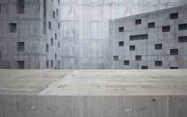 Abstract background in the form of high-rise buildings made of dark concrete with blue windows. 3D illustration and rendering