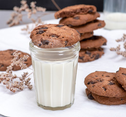glass of milk and round chocolate chip cookies