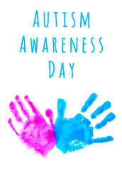 Colorful child's handprints isolated on white with copy space. World autism awareness day concept.