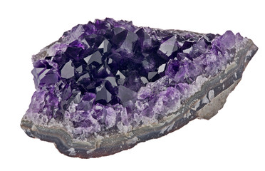 lilac amethysts in geode isolated on white