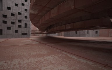 Empty abstract room interior of sheets rusted metal and brown concrete. Architectural background. 3D illustration and rendering