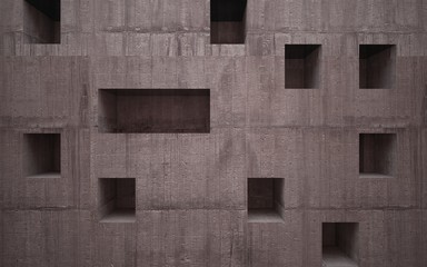 Empty abstract room interior of sheets rusted metal and brown concrete. Architectural background. 3D illustration and rendering