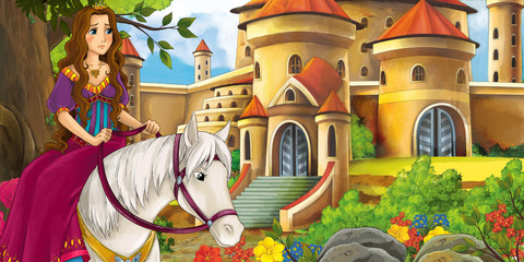 Cartoon nature scene with beautiful castles near the forest with beautiful young princess on white horse - illustration for the children © honeyflavour