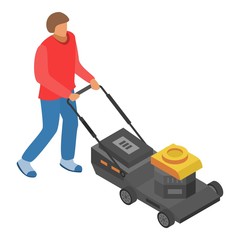 Man use motor lawnmower icon. Isometric of man use motor lawnmower vector icon for web design isolated on white background