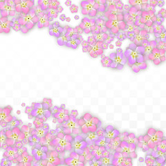 Blue Vector Realistic Blue Petals Falling on Transparent Background.  Spring Romantic Flowers Illustration. Flying Petals. Sakura Spa Design. Blossom Confetti. Design Elements for Wedding Decoration.