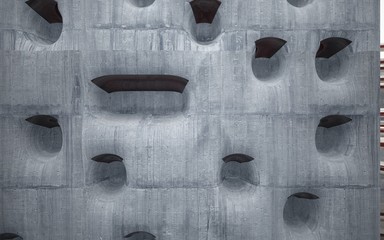 Abstract background in the form of high-rise smooth buildings made of dark concrete with red windows. 3D illustration and rendering