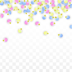 Vector Realistic Colorful Petals Falling on Transparent Background.  Spring Romantic Flowers Illustration. Flying Petals. Sakura Spa Design. Blossom Confetti. Design Elements for Wedding Decoration.