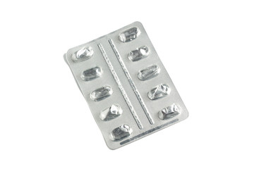 Close-up of empty pill package isolated on white background. Used blister tablet. A package of empty plastic foil, which was used to store drugs and medicines that were used by a sick patient to treat