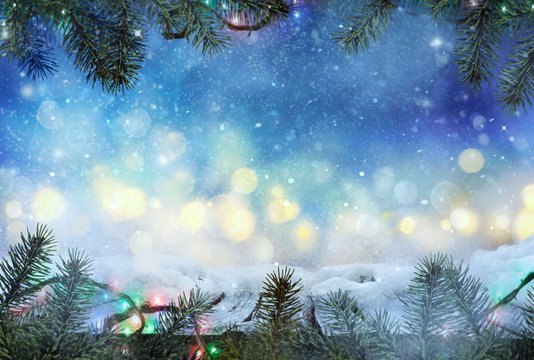 Winter design.  Christmas background with Frozen table. Blurred
