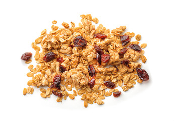 Granola with dried fruits on white background
