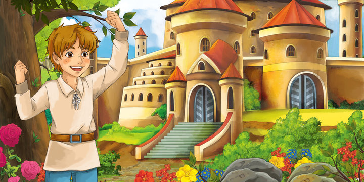 Cartoon nature scene with beautiful castles near the forest with handsome young boy - illustration for the children