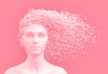 Head Of Young Woman And 3D Pixels As Hair On Pink Background