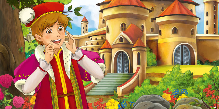 Cartoon nature scene with beautiful castles near the forest with handsome young prince - illustration for the children