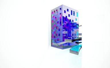 abstract architectural interior with colored smooth glass sculpture with black lines. 3D illustration and rendering