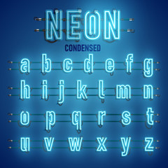 Realistic neon font with wires and console, vector illustration