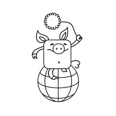 Vector illustration of funny pig, symbol of 2019 on the Chinese calendar. Yellow Earthy Pig with yellow chrysanthemum