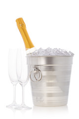 Champagne bottle in a bucket with ice