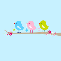 3 Birds With ABC On Tree Blue