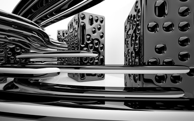 Abstract dynamic interior with black smooth objects . 3D illustration and rendering