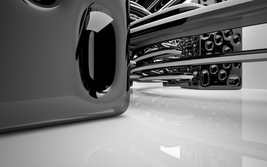 Abstract dynamic interior with black smooth objects . 3D illustration and rendering