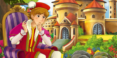 Cartoon nature scene with beautiful castles near the forest with handsome young prince - illustration for the children